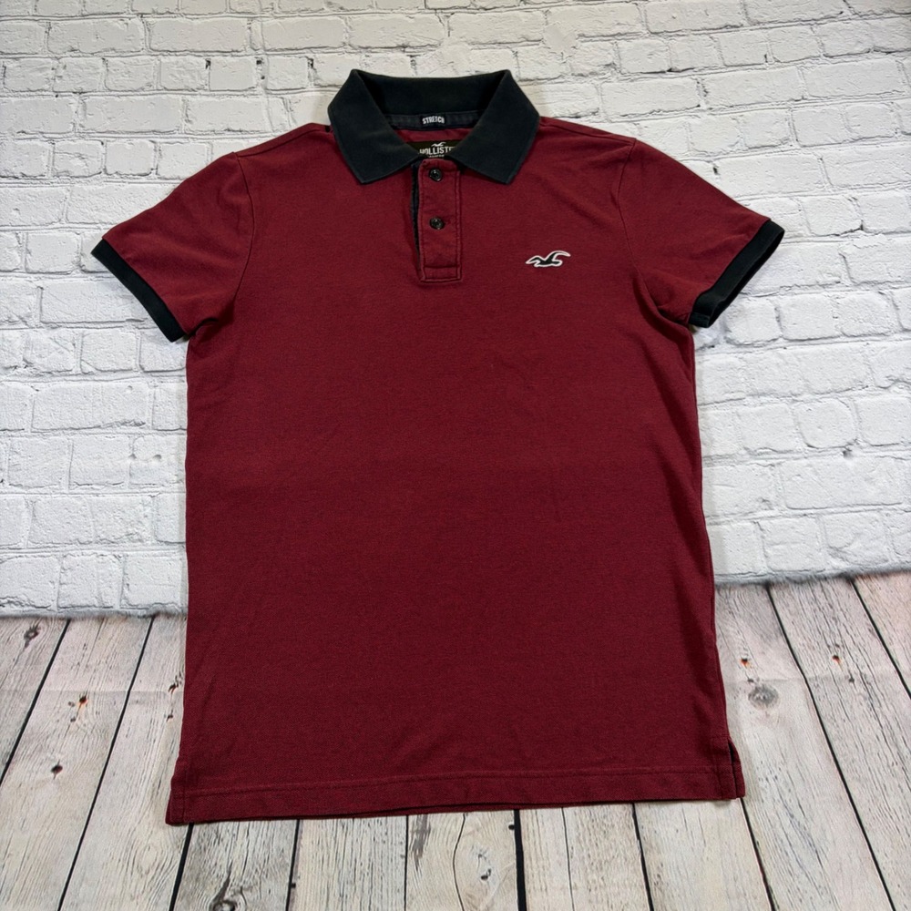 Hollister Epic Flex Stretch Polo Shirt Mens XS Burgundy Maroon Black Contrast